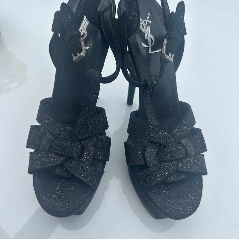 Yves Saint Laurent Sparkling Black Strappy Heels Tribu